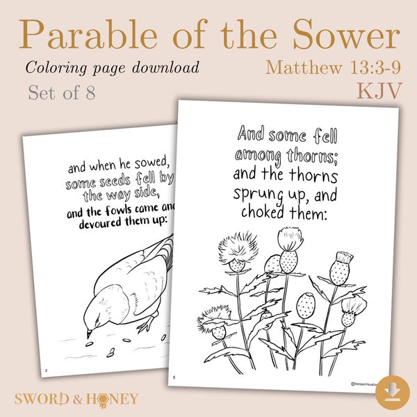 KJV Parable of the Sower Coloring Pages, Christian Kids Bible Memory Activity, Bible Coloring Sheets, Sunday School, Homeschool Printable