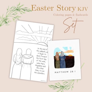 May include: A coloring page and a illustrated flashcard featuring two women walking towards a sunrise. The text on the flashcard reads "In the end of the sabbath, as it began to dawn toward the first day of the week, came Mary Magdalene and the other Mary to see the sepulchre."  The text on the coloring page reads "MATTHEW 28:1".