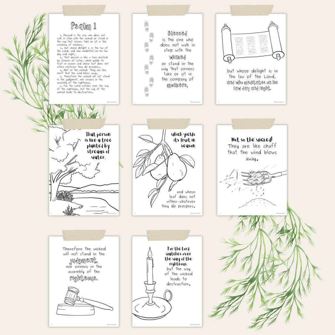 Psalm 1 NIV, Pack of 8 Coloring Pages! Printable Christian Coloring Book, Kid's Bible Memory ...