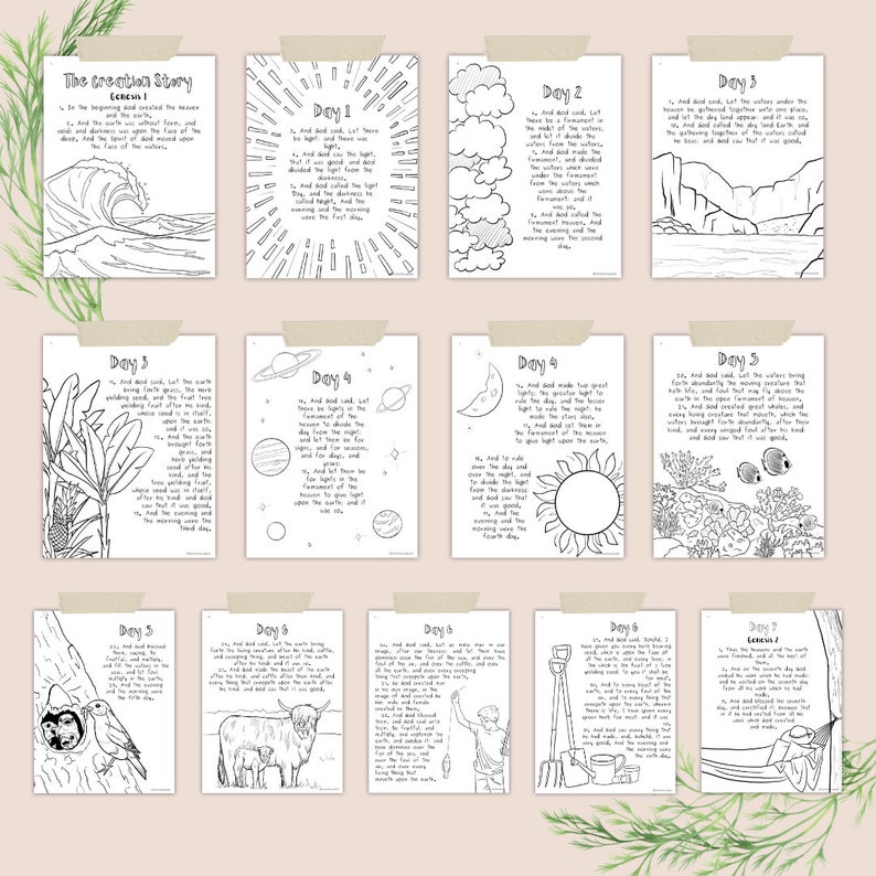 Creation Story Coloring Pages Pack of 13, KJV, Printable Christian