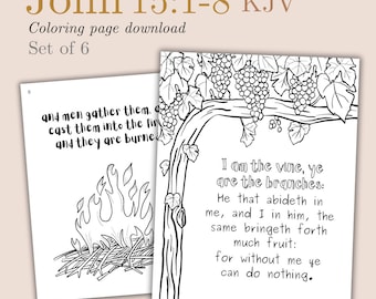 John 15: 1-8 KJV, Vine and Grapes Coloring Page, Printable Christian Coloring Book, Kid's Bible Memory, Downloadable Bible Verse, Scripture