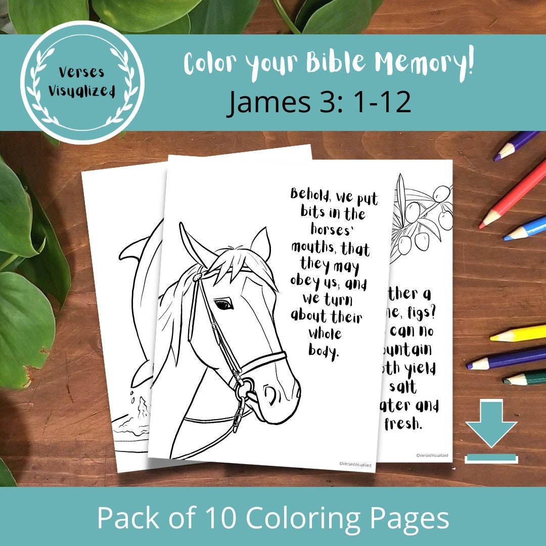 Bible Verse Pack of 10 Coloring Pages James 3:1-12, KJV, Printable ...