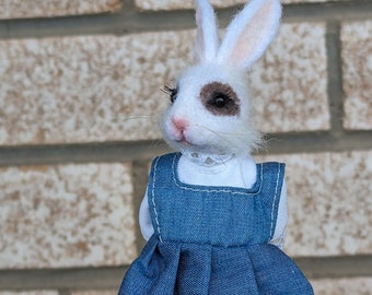 Wool Bunny in Denim Dress and Combat Boots - needle felted wool figure - Posable