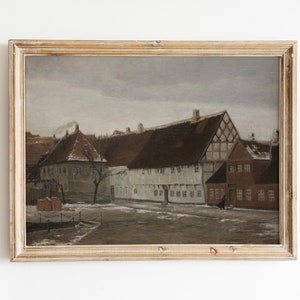Vintage European Landscape Painting Print, Antique Village Oil Painting, Rustic Cityscape Printable Wall Art