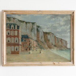 Pittura a olio di villaggio antico, stampa di pittura di paesaggio europea vintage, arte da parete stampabile con paesaggio marino in sordina