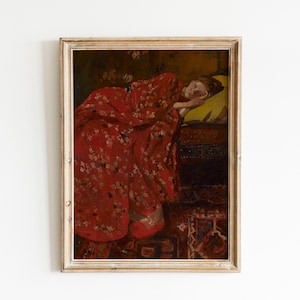 The Red Kimono Young Woman Painting, Girl in Kimono Moody Portrait Painting Print, Antique Oil Painting Woman Portrait Print