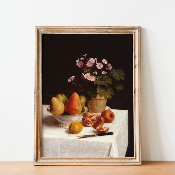 Antique Still Life Oil Painting, Fruit Oil Painting Wall Art, Dark Academia, Moody Kitchen Painting Printable Wall Art