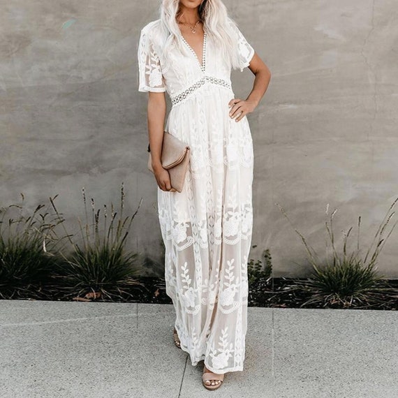 Encaje Blanco Boho Maxi Vestido Beige / Vestido de Fiesta - Etsy México Encaje Blanco Boho Maxi Vestido Beige / Vestido de Fiesta - Etsy México