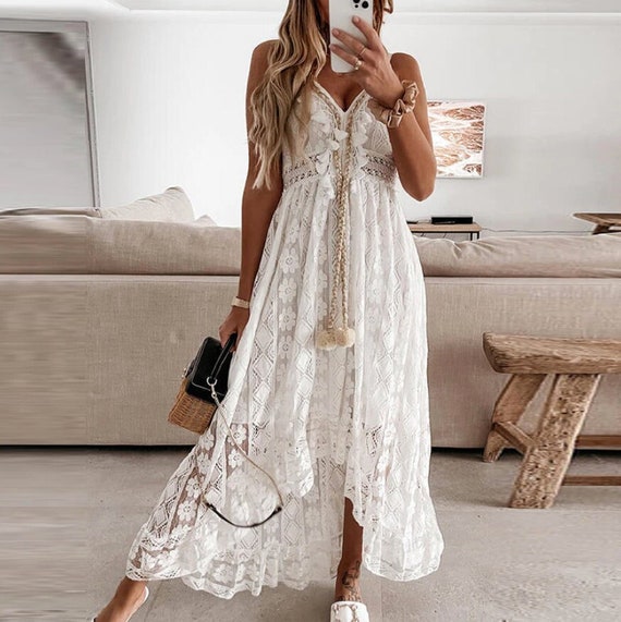 White Lace Boho Maxi Dress Beige Party Dress Sun Dress - Etsy Sweden