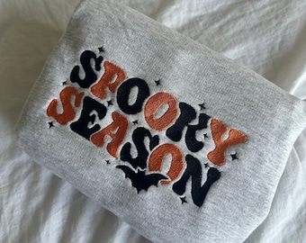 Spooky Season Embroidered Sweatshirt, Halloween Embroidered Crewneck Sweatshirt, Embroidered Adult Sweatshirt, Many Colors