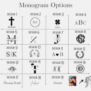 May include: A light-coloured graphic displaying 19 monogram design options. Each design features a unique combination of letters, symbols, and fonts. The text "Monogram Options" is at the top. The brand name "Been Leather" is at the top left and right corners.