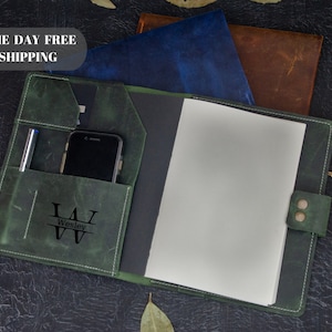 Portafolio de cuero para hombres, Portafolio monograma, Regalo de graduación, Portafolio de negocios, Organizador tamaño A5, Regalo para hombres, Regalo de Navidad