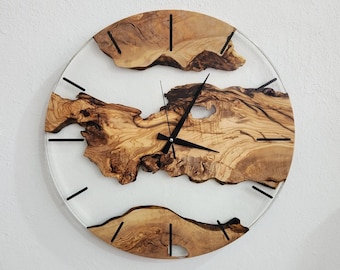 Custom Clear Resin and Olive Wood Wall Clock, Modern Home Decor, Gift, Live Edge Wall Clocks