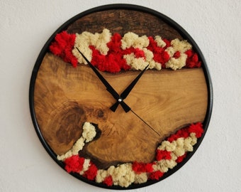 Handmade Moss and Olive Wood Wall Clock, Wall Decor, Large Wall Clock, Boho Wall Decor