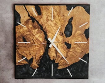 Custom Epoxy and Olive Wood Home Decor, Live Edge Wall Clock, Rustic Wooden Wall Clock, Wall Art, Large Clocks