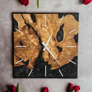 Custom Epoxy and Olive Wood Home Decor, Live Edge Wall Clock, Rustic Wooden Wall Clock, Wall Art, Large Clocks