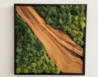Handmade Moss and Olive Wood Wall Art: Rustic Farmhouse Decor