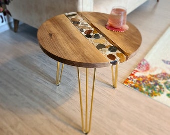 Custom Coffee Table With Pebble Stones, Walnut Coffee Table, Modern Living room Tables,
