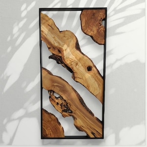 Decoración para el hogar hecha a mano en metal y madera de olivo, decoración de pared con borde natural, decoración rústica de pared de madera, arte de pared, arte de pared de estilo rústico