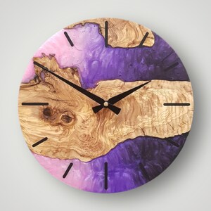 Handmade Epoxy and Olive Wood Wall Clock, Pink Wall Decor, Live Edge Wall Clock, Home Decor