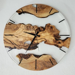 Custom Clear Resin and Olive Wood Wall Clock, Modern Home Decor, Gift, Live Edge Wall Clocks image 2