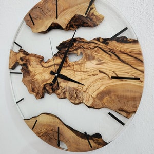 Custom Clear Resin and Olive Wood Wall Clock, Modern Home Decor, Gift, Live Edge Wall Clocks image 8