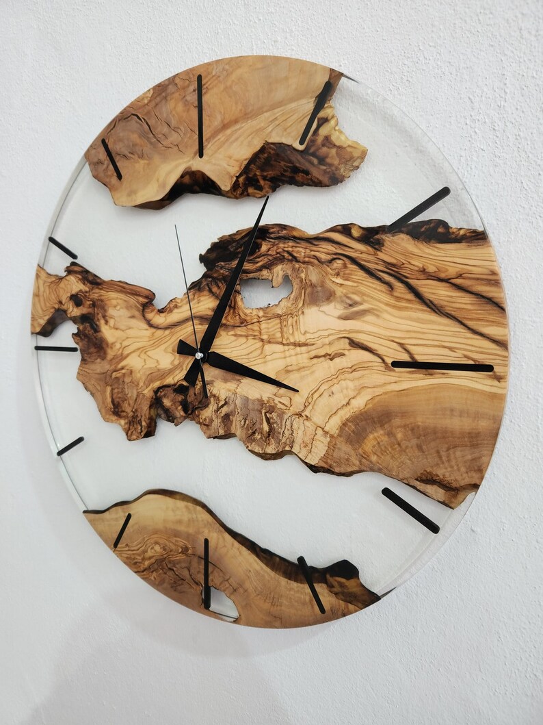 Custom Clear Resin and Olive Wood Wall Clock, Modern Home Decor, Gift, Live Edge Wall Clocks image 8