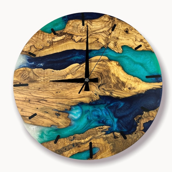 Custom Epoxy Resin Olive Wood Wall Clock,Modern Home Decor,Gift,Live Edge Wall Clocks