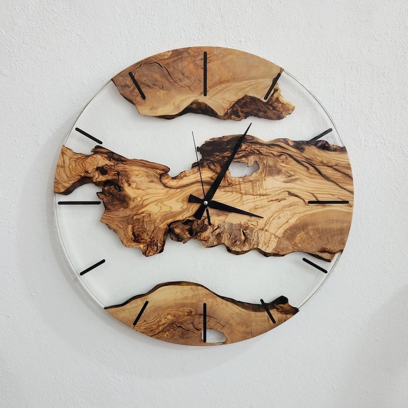 Custom Clear Resin and Olive Wood Wall Clock, Modern Home Decor, Gift, Live Edge Wall Clocks image 1