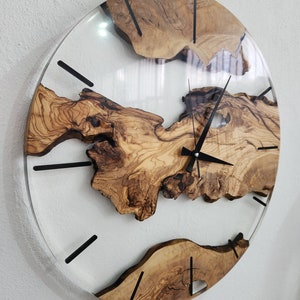 Custom Clear Resin and Olive Wood Wall Clock, Modern Home Decor, Gift, Live Edge Wall Clocks image 9