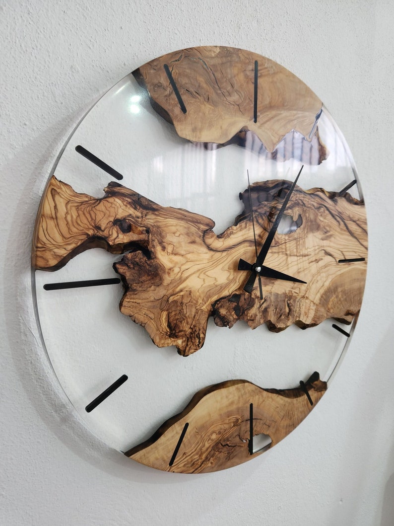 Custom Clear Resin and Olive Wood Wall Clock, Modern Home Decor, Gift, Live Edge Wall Clocks image 9