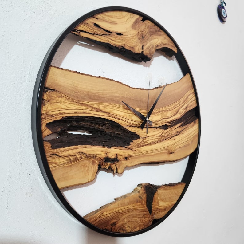 Made To Order Metal and Olive Wood Wall Clock,Large Wooden Clock,Live Edge Wall Clock image 4