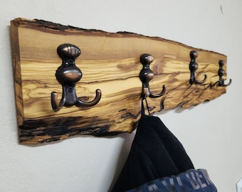 Handmade Olive Wood Coat Rack: Rustic Live Edge, Personalized Jacket Holder