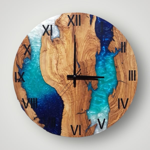 Custom Epoxy and Olive Wood Wall Clock, Beach House Wall Decor, Home Wall Decor, Live Edge Wall Clock, Best Gift