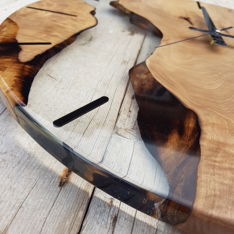 Custom Clear Epoxy Resin Olive Wood Wall Clock,Modern Home Decor,Gift,Live Edge Wall Clocks image 2