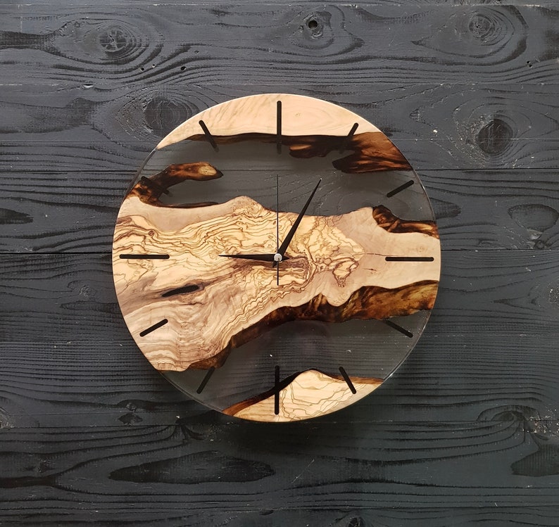 Custom Clear Epoxy Resin Olive Wood Wall Clock,Modern Home Decor,Gift,Live Edge Wall Clocks image 5