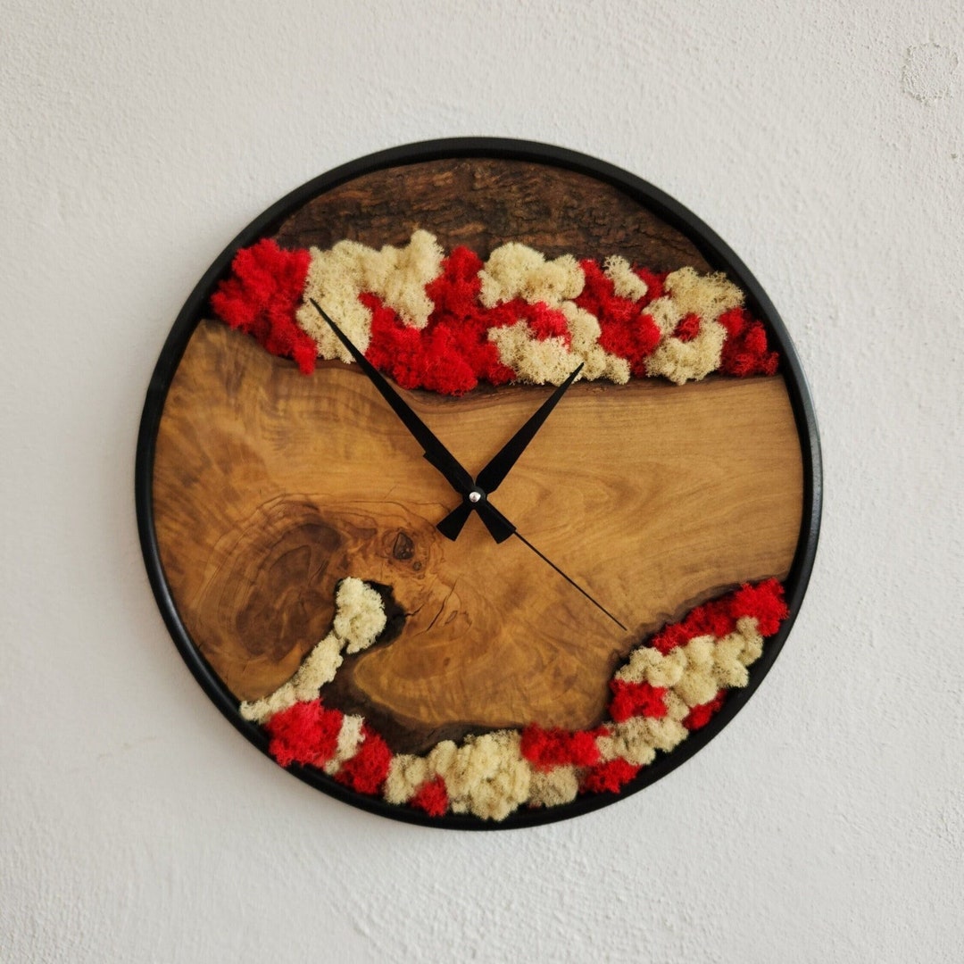 Handmade Moss and Olive Wood Wall Clock: Boho Home Decor - Etsy