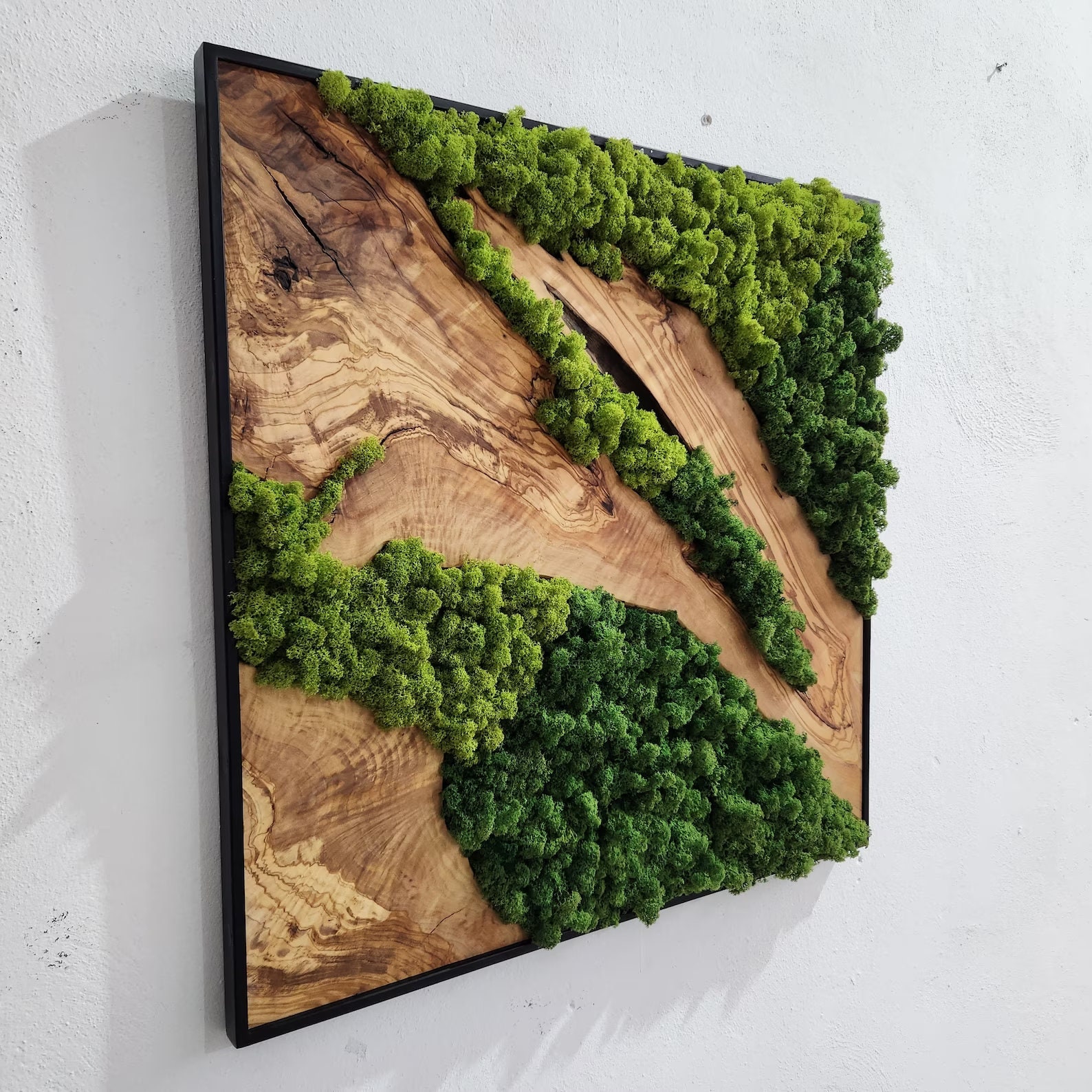 Custom Made Moss and Olive Wood Wall Art Rectangular | Premium Handmade Wall Sculptures 16 x 32