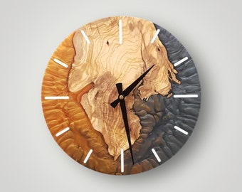 Handmade Epoxy and Olive Wood Wall Clock, Wall Decor, Large Wall Clock, Boho Wall Decor