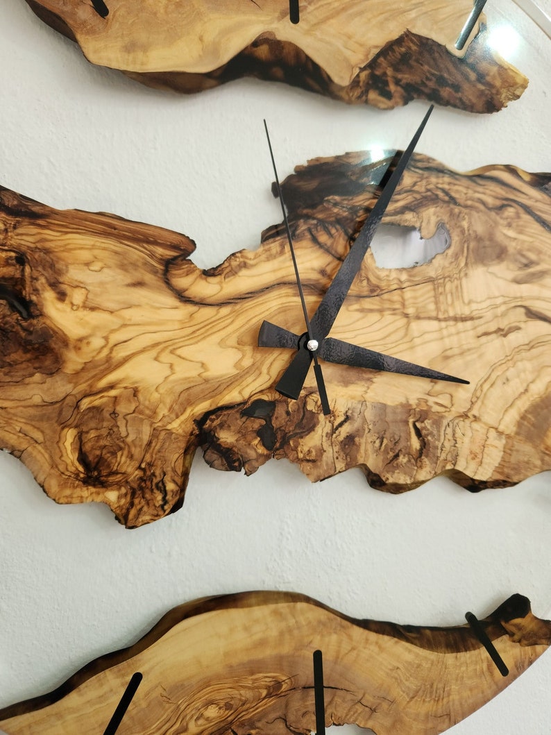 Custom Clear Resin and Olive Wood Wall Clock, Modern Home Decor, Gift, Live Edge Wall Clocks image 3
