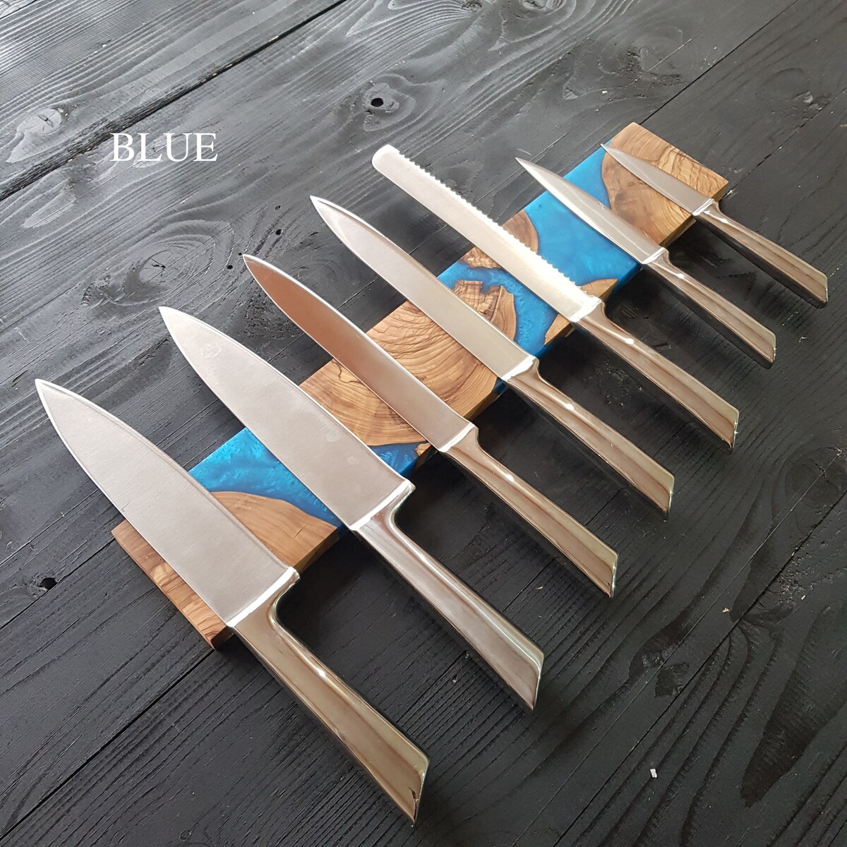 Handmade Blue Magnetic Knife Holder, Blue resin and Olive Wood Knife Rack - 5 Knives - Etsy