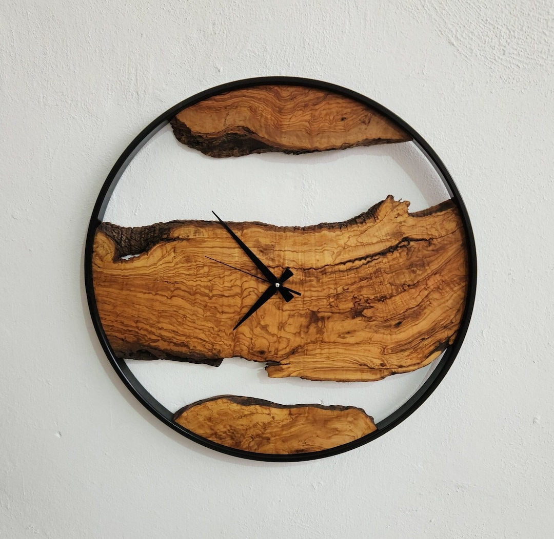 Handmade Olive Wood Wall Clock: Modern Metal Frame, Live Edge - Etsy