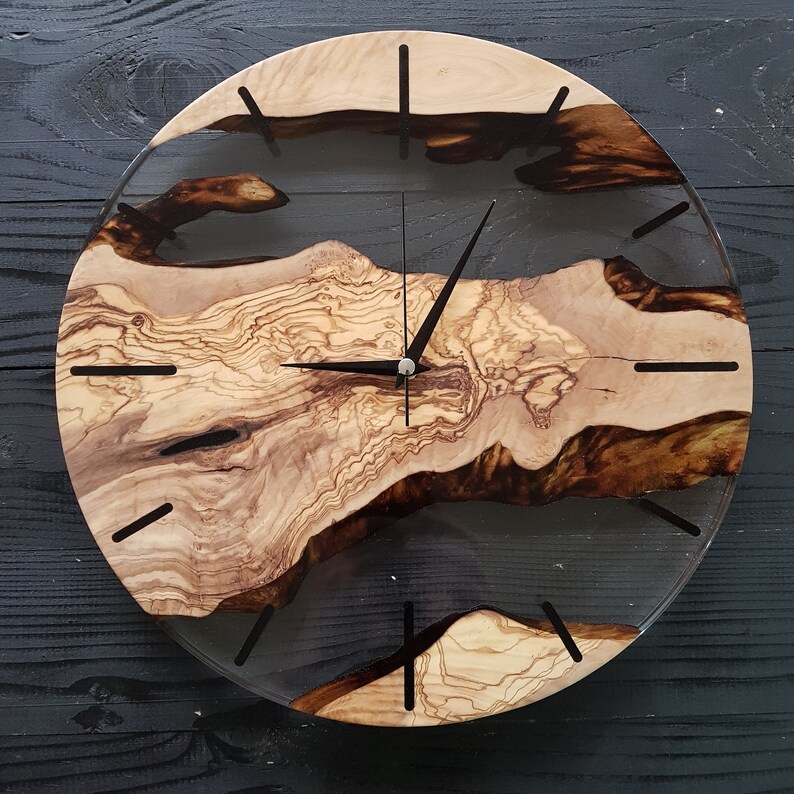 Custom Clear Epoxy Resin Olive Wood Wall Clock,Modern Home Decor,Gift,Live Edge Wall Clocks image 6