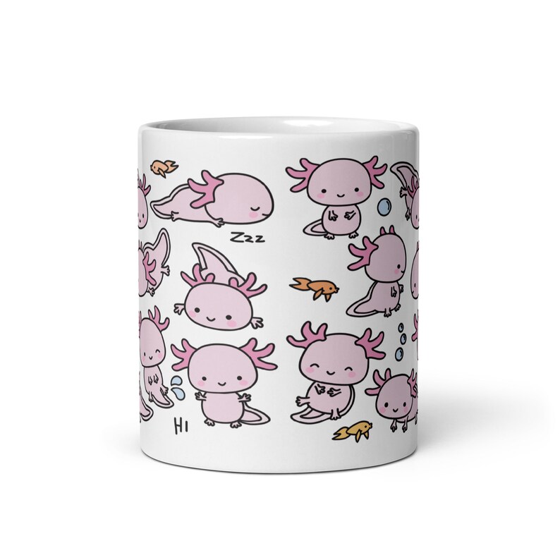 Pode incluir: Caneca de cer&acirc;mica branca com um padr&atilde;o repetido de axolotls rosa em v&aacute;rias poses, com pequenos peixes e bolhas. A palavra "Hi" est&aacute; escrita na caneca. Um design fofo e caprichoso.