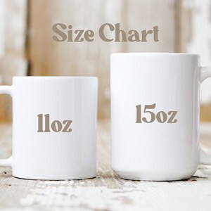 May include: Two white ceramic mugs, one labeled "11oz" and the other "15oz", are displayed against a rustic wooden background. The text "Size Chart" is above the mugs. The mugs are for beverages.