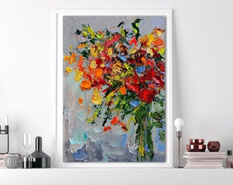 Bouquet painting original oil painting on canvas made to order abstract colorful red yellow flowers impasto technique thick brush strokes