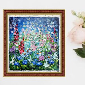 Meadow flower painting mini original oil painting on cardboard 10 x 10 inches (25 x 25 cm) abstract floral art pastel tones calm blue tones pink tones