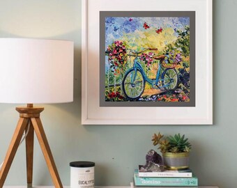 Bicycle painting mini original oil painting on cardboard 8 x 8 inches ( 20 x 20 cm ) abstract flower field butterflies romantic pictures blue tones
