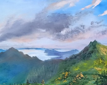 Landscape painting large original oil painting on canvas 36 x 12 inches ( 90 x 30 cm ) hiking mountains in the national park painted sky with clouds