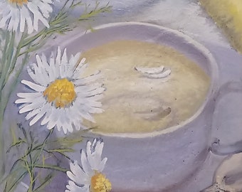 Tassenmalerei original Ölgemälde auf Leinwand 12x28 Inch ( 30x70 cm) abstrakte Teekanne mit Kamillenblumen Pastelltöne Farben weiß blau grau